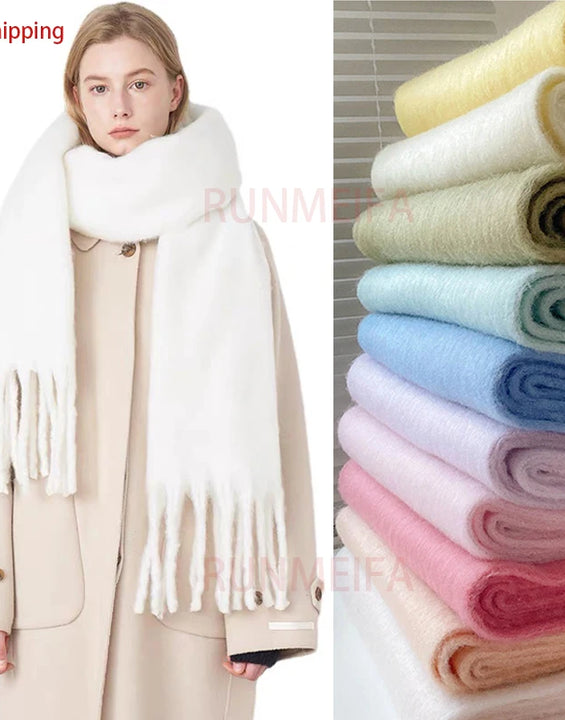Luxury Cashmere Bright Solid Colors Women Scarf Winter Shawl and Wrap Bandana Pashmina Tassel Female Foulard Thick Blanket