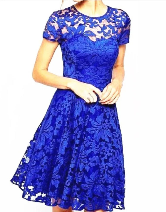 Sexy Women Floral Lace Dress Round Neck Short Sleeve Vintage Lace A-line Dress Patchwork Slim Pleated Swing Cocktail Party Dress