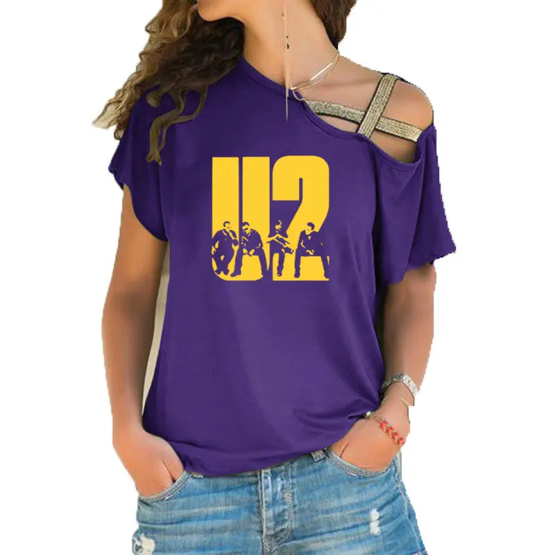 New Summer Lovely U2 band printing T Shirt Women Short Sleeve Hip Hop Rock Girls T-shirt Irregular Skew Cross Bandage Tee Tops