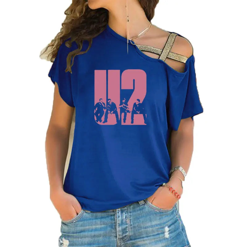 New Summer Lovely U2 band printing T Shirt Women Short Sleeve Hip Hop Rock Girls T-shirt Irregular Skew Cross Bandage Tee Tops