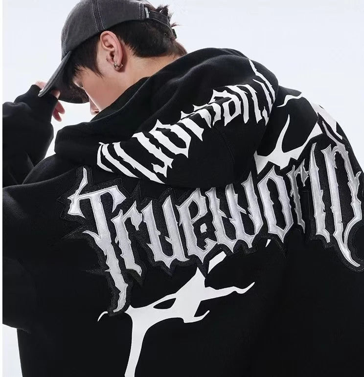450G, Cotton-polyester Blend Hoodie, Gothic Embroidered Pattern, Thick & Stylish, Oversized Streetwear Hoodie, for All Seasons