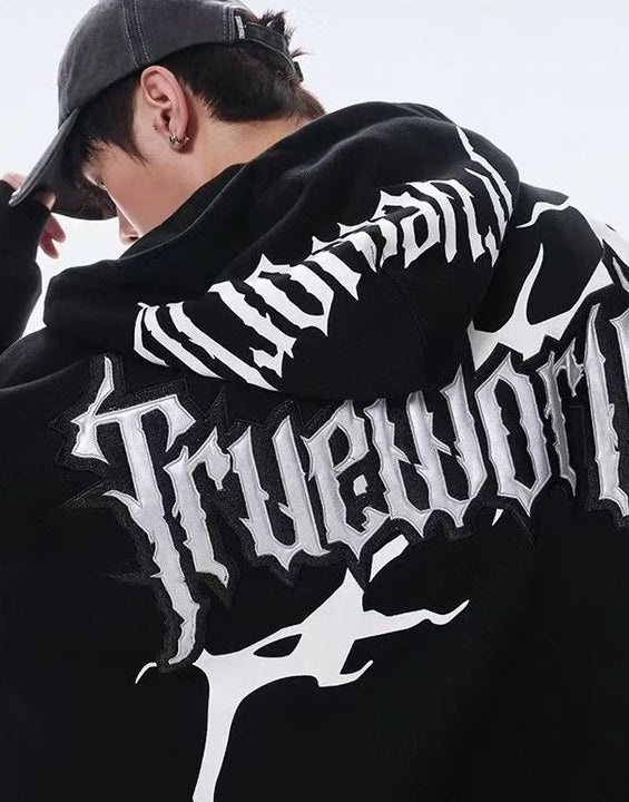 450G, Cotton-polyester Blend Hoodie, Gothic Embroidered Pattern, Thick & Stylish, Oversized Streetwear Hoodie, for All Seasons