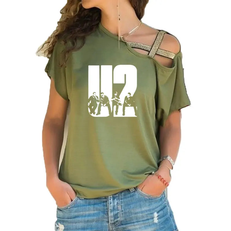 New Summer Lovely U2 band printing T Shirt Women Short Sleeve Hip Hop Rock Girls T-shirt Irregular Skew Cross Bandage Tee Tops