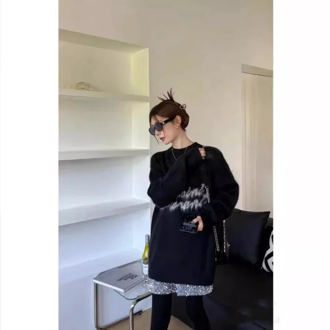 Personalized Mohair Knitwear Jumper Women Knitting Letter Jacquard Fuzzy Knitted Jumper Sweater
