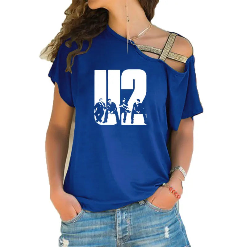 New Summer Lovely U2 band printing T Shirt Women Short Sleeve Hip Hop Rock Girls T-shirt Irregular Skew Cross Bandage Tee Tops