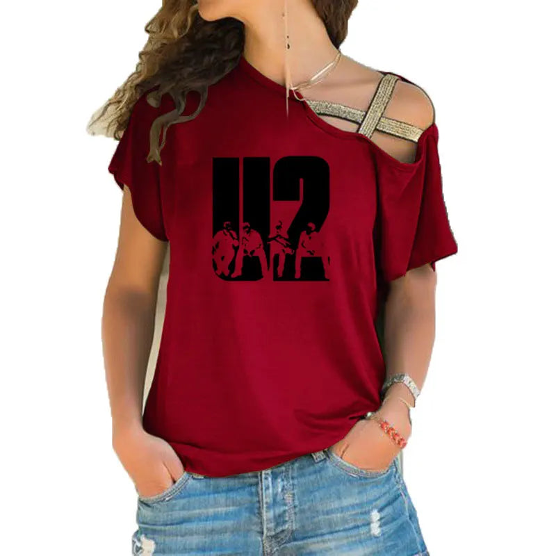 New Summer Lovely U2 band printing T Shirt Women Short Sleeve Hip Hop Rock Girls T-shirt Irregular Skew Cross Bandage Tee Tops