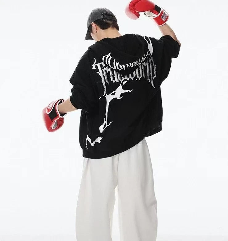450G, Cotton-polyester Blend Hoodie, Gothic Embroidered Pattern, Thick & Stylish, Oversized Streetwear Hoodie, for All Seasons