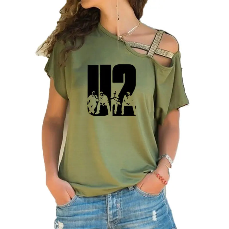 New Summer Lovely U2 band printing T Shirt Women Short Sleeve Hip Hop Rock Girls T-shirt Irregular Skew Cross Bandage Tee Tops