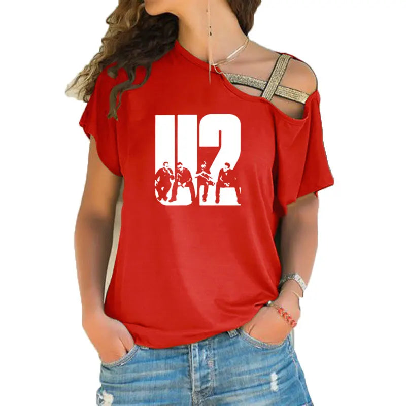 New Summer Lovely U2 band printing T Shirt Women Short Sleeve Hip Hop Rock Girls T-shirt Irregular Skew Cross Bandage Tee Tops