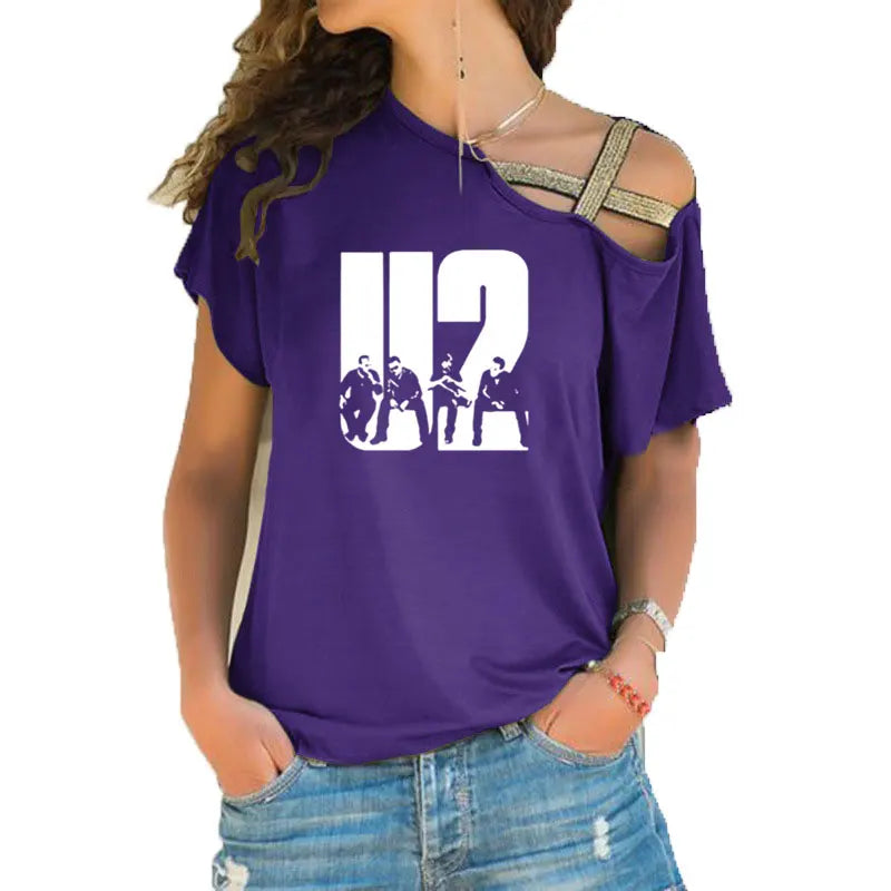 New Summer Lovely U2 band printing T Shirt Women Short Sleeve Hip Hop Rock Girls T-shirt Irregular Skew Cross Bandage Tee Tops