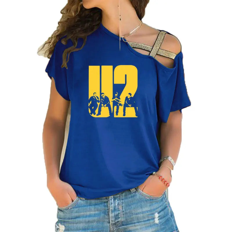 New Summer Lovely U2 band printing T Shirt Women Short Sleeve Hip Hop Rock Girls T-shirt Irregular Skew Cross Bandage Tee Tops