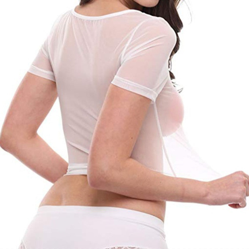 Sexy Woman Short Sleeve T-shirts Sheer Mesh Crop Tops Summer Sheer T-shirts Ladies Underwear Transparent Clubwear Vest T Shirts