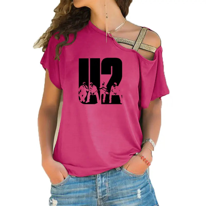 New Summer Lovely U2 band printing T Shirt Women Short Sleeve Hip Hop Rock Girls T-shirt Irregular Skew Cross Bandage Tee Tops