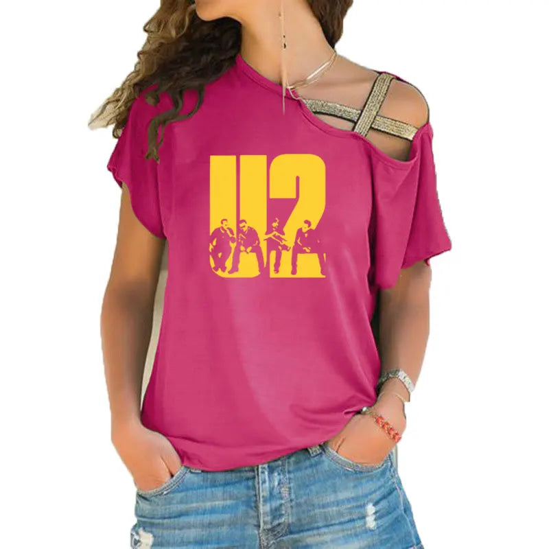 New Summer Lovely U2 band printing T Shirt Women Short Sleeve Hip Hop Rock Girls T-shirt Irregular Skew Cross Bandage Tee Tops