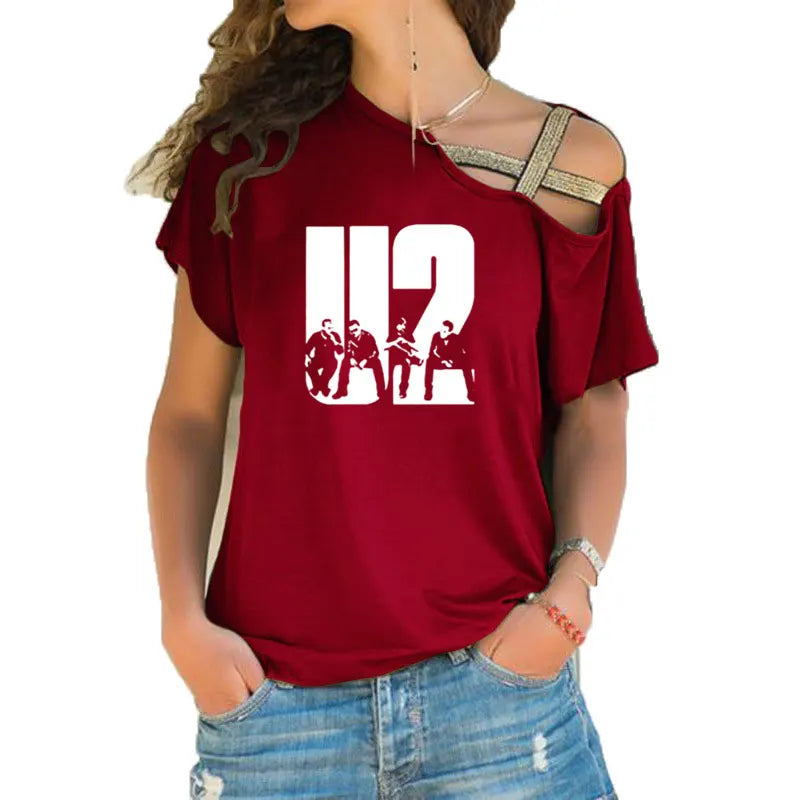 New Summer Lovely U2 band printing T Shirt Women Short Sleeve Hip Hop Rock Girls T-shirt Irregular Skew Cross Bandage Tee Tops