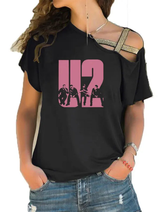 New Summer Lovely U2 band printing T Shirt Women Short Sleeve Hip Hop Rock Girls T-shirt Irregular Skew Cross Bandage Tee Tops