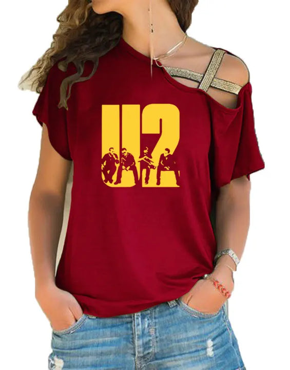 New Summer Lovely U2 band printing T Shirt Women Short Sleeve Hip Hop Rock Girls T-shirt Irregular Skew Cross Bandage Tee Tops