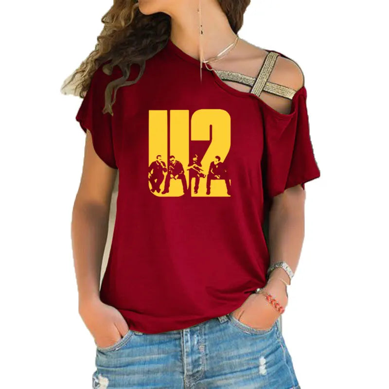 New Summer Lovely U2 band printing T Shirt Women Short Sleeve Hip Hop Rock Girls T-shirt Irregular Skew Cross Bandage Tee Tops