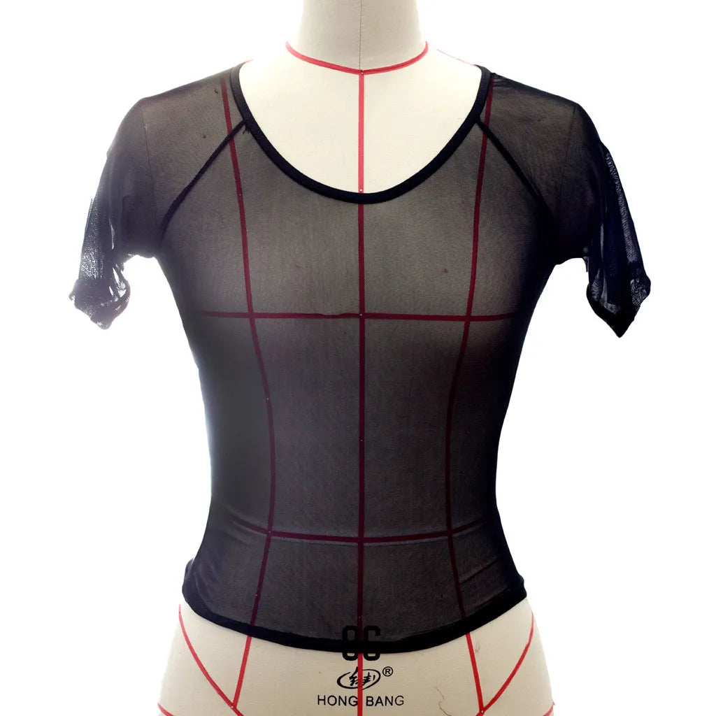 Sexy Woman Short Sleeve T-shirts Sheer Mesh Crop Tops Summer Sheer T-shirts Ladies Underwear Transparent Clubwear Vest T Shirts