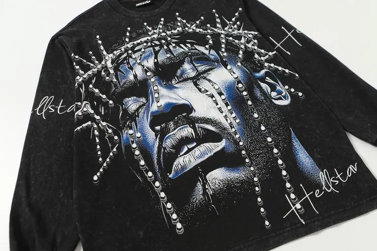 Vintage Washed Black Oversized Graphic Long Sleeve Shirt Men Cotton Distressed Hip Hop Wholesale