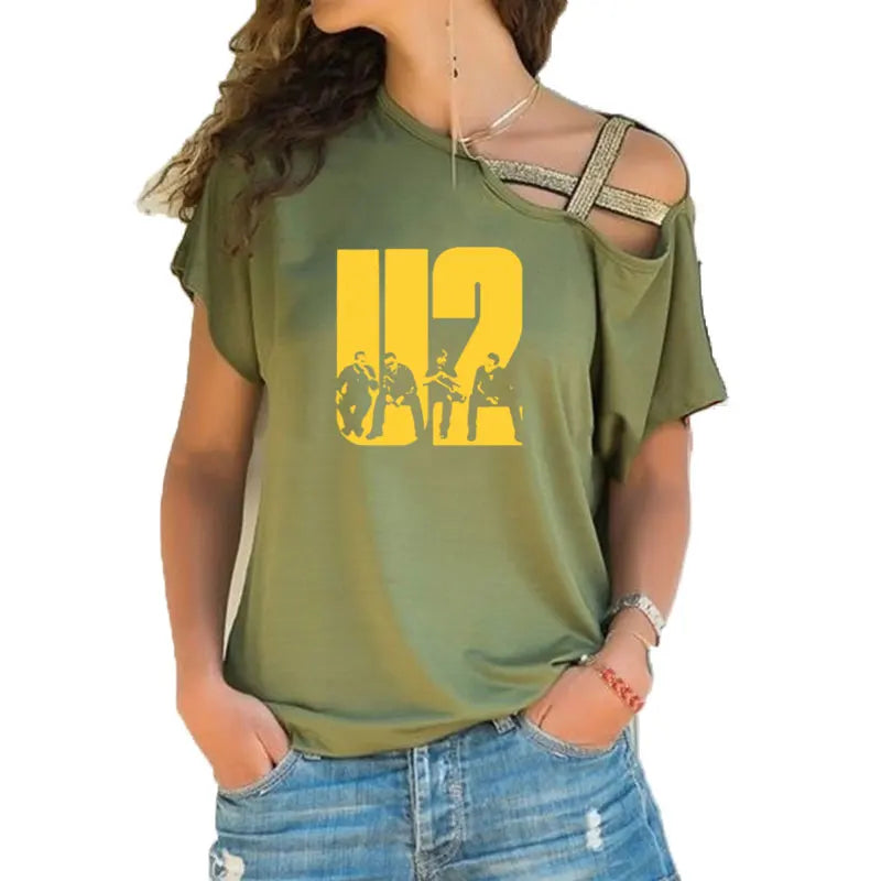 New Summer Lovely U2 band printing T Shirt Women Short Sleeve Hip Hop Rock Girls T-shirt Irregular Skew Cross Bandage Tee Tops