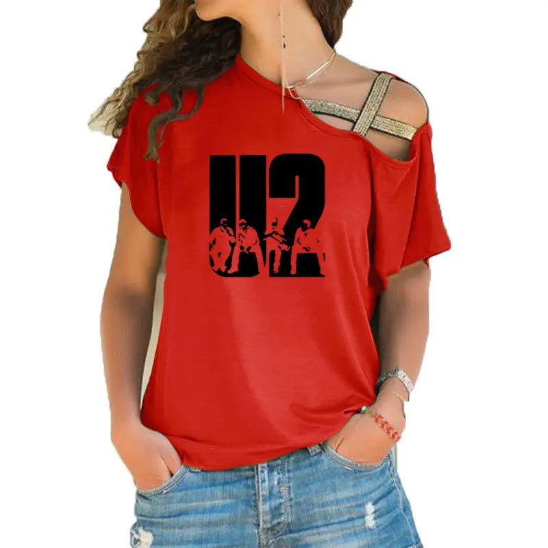 New Summer Lovely U2 band printing T Shirt Women Short Sleeve Hip Hop Rock Girls T-shirt Irregular Skew Cross Bandage Tee Tops