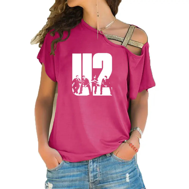 New Summer Lovely U2 band printing T Shirt Women Short Sleeve Hip Hop Rock Girls T-shirt Irregular Skew Cross Bandage Tee Tops