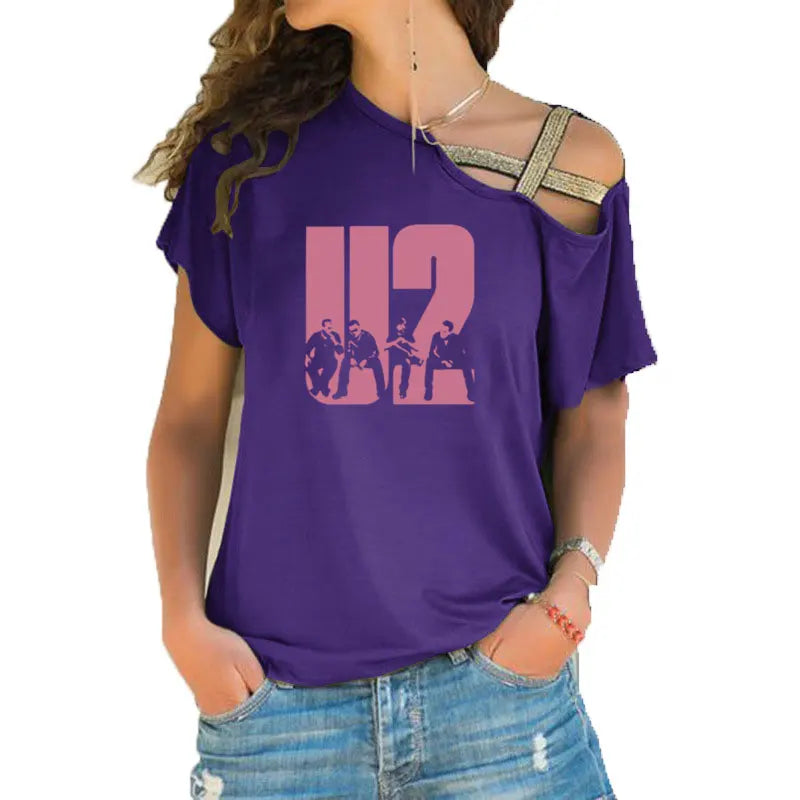 New Summer Lovely U2 band printing T Shirt Women Short Sleeve Hip Hop Rock Girls T-shirt Irregular Skew Cross Bandage Tee Tops