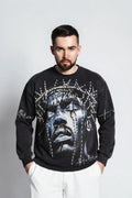 Vintage Washed Black Oversized Graphic Long Sleeve Shirt Men Cotton Distressed Hip Hop Wholesale