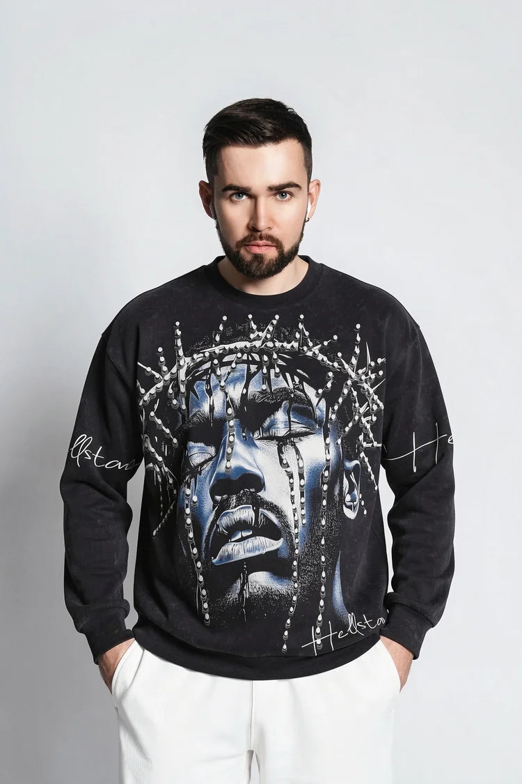 Vintage Washed Black Oversized Graphic Long Sleeve Shirt Men Cotton Distressed Hip Hop Wholesale