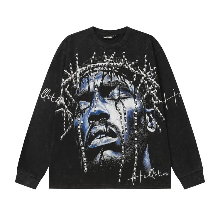 Vintage Washed Black Oversized Graphic Long Sleeve Shirt Men Cotton Distressed Hip Hop Wholesale
