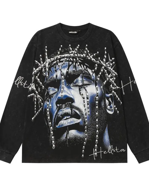 Vintage Washed Black Oversized Graphic Long Sleeve Shirt Men Cotton Distressed Hip Hop Wholesale