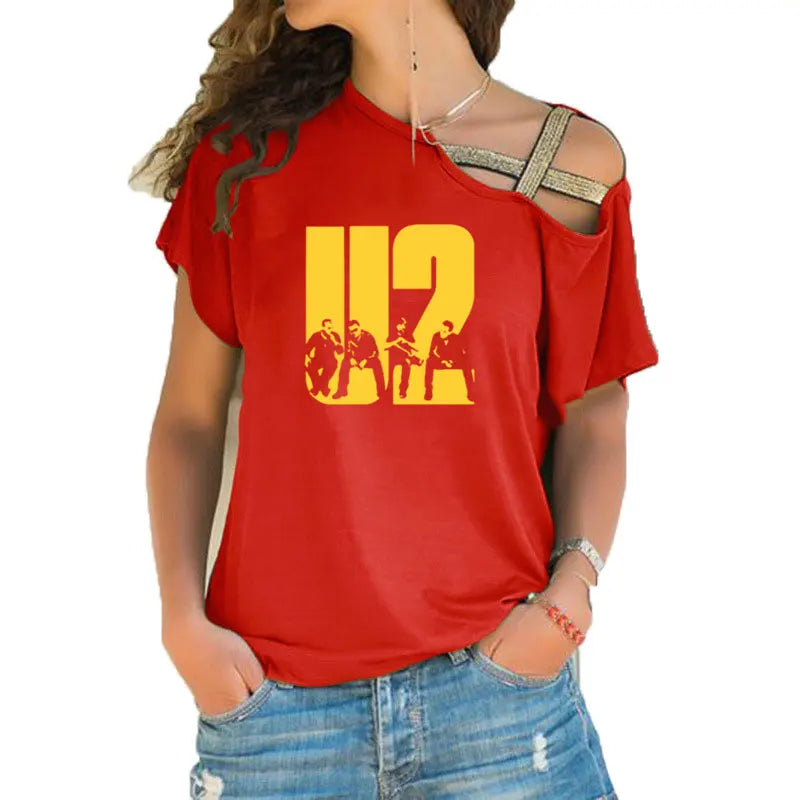 New Summer Lovely U2 band printing T Shirt Women Short Sleeve Hip Hop Rock Girls T-shirt Irregular Skew Cross Bandage Tee Tops