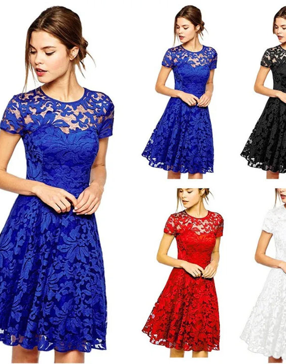 Sexy Women Floral Lace Dress Round Neck Short Sleeve Vintage Lace A-line Dress Patchwork Slim Pleated Swing Cocktail Party Dress