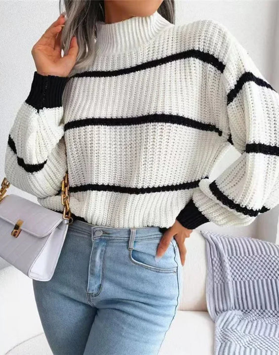 Women Striped Sweaters Half High Collar Splice Full Sleeve Top Pullovers Knit Lantern Sleeve Casual Office Lady Winter 2024