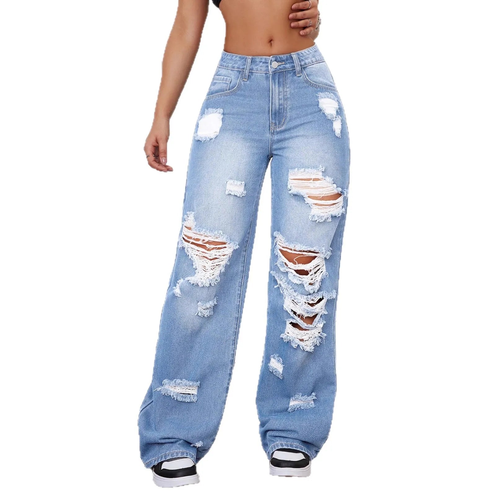 Women High Waist Straight Leg Jeans Ripped Denim Pants Casual Long Trousers Spring Summer
