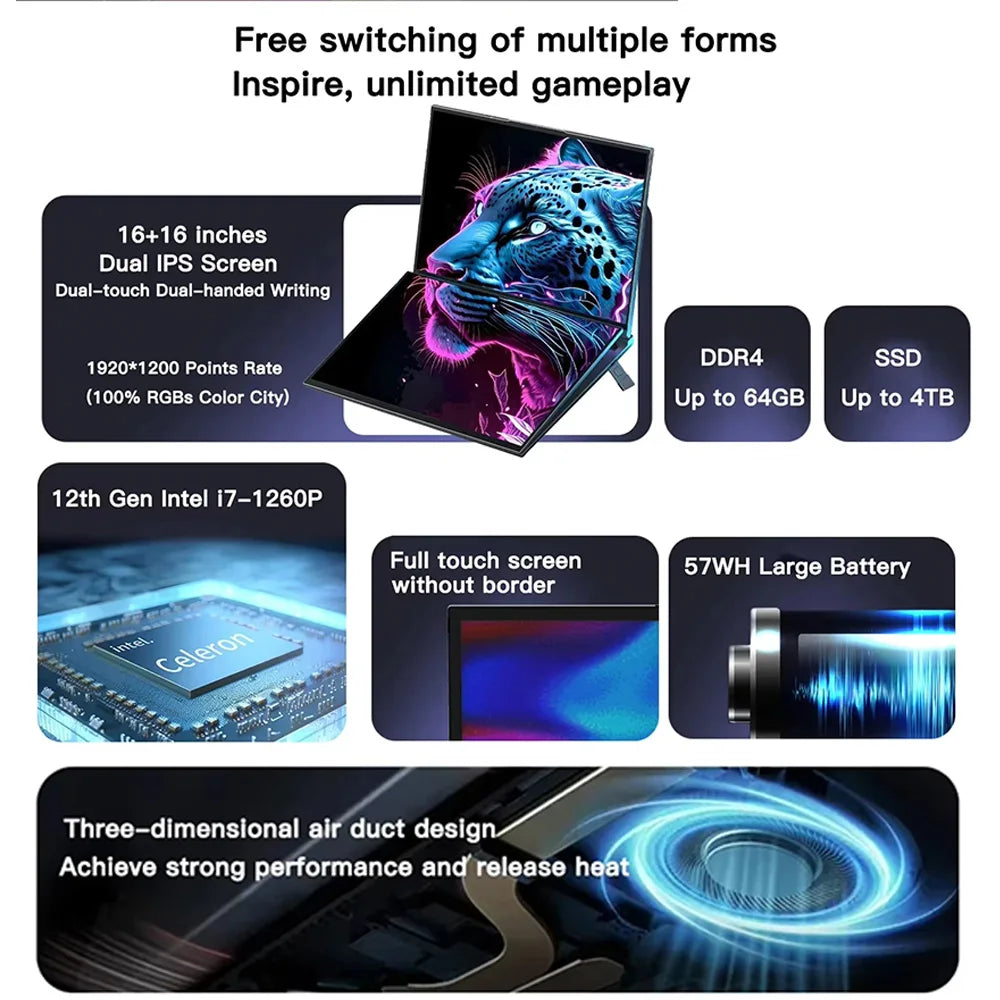 GLF-S1 Laptop 16+16 Inch Big Dual Screen Intel I3-1215U Laptop Computers Camera Windows 11 DDR4 M.2 2280 2TB WIFI Dual Notebook