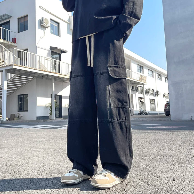 2025 new men's cement grey work jeans Y2K street hip-hop large pocket wide-leg straight jeans trousers jogging black light blue