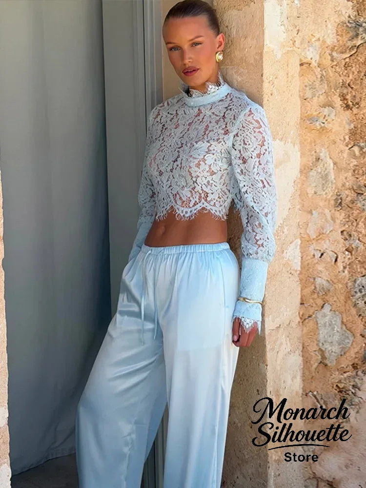Lace Top Pants 2 Piece Set Women Chic Solid Half High Collar Cropped Back Split Long Pant Suit 2026 Lady Daily Street Outfit New