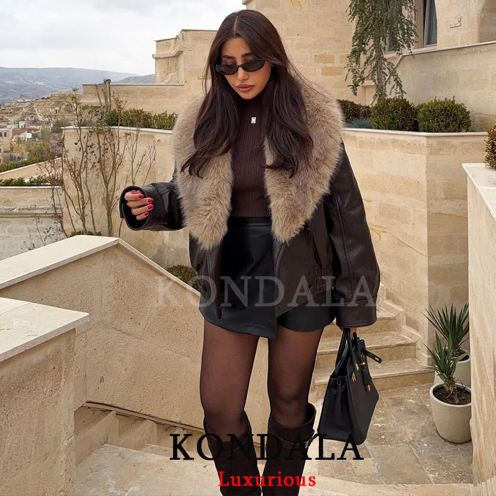 Fur-Collar Faux Leather Jacket