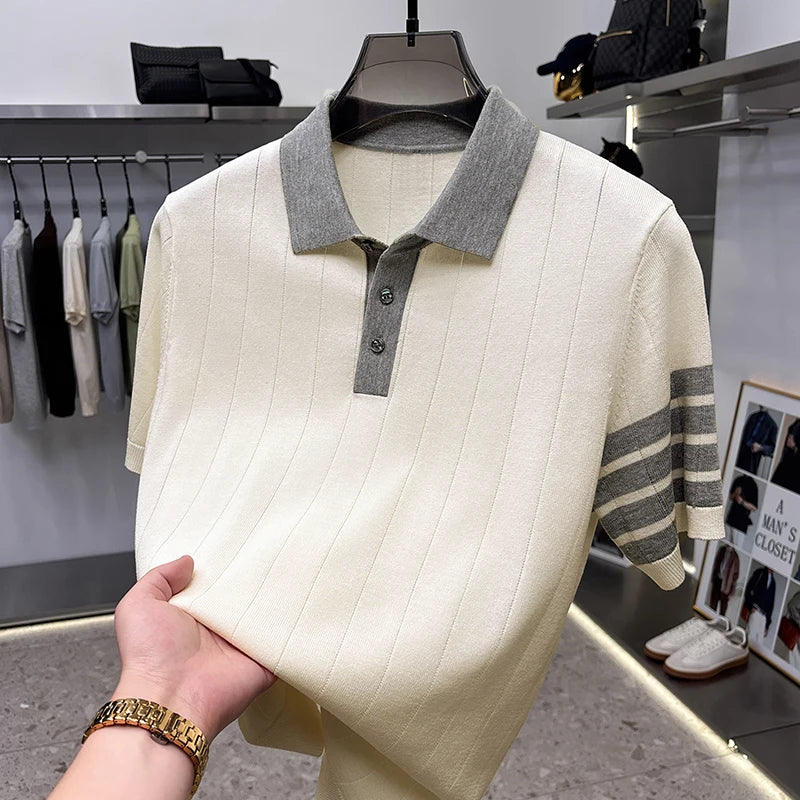 High Quality Man Summer Short-Sleeved Polo Shirt Lapel Button Stripe Color Blocking Old Money Style Snug Ventilate Men'sClothing