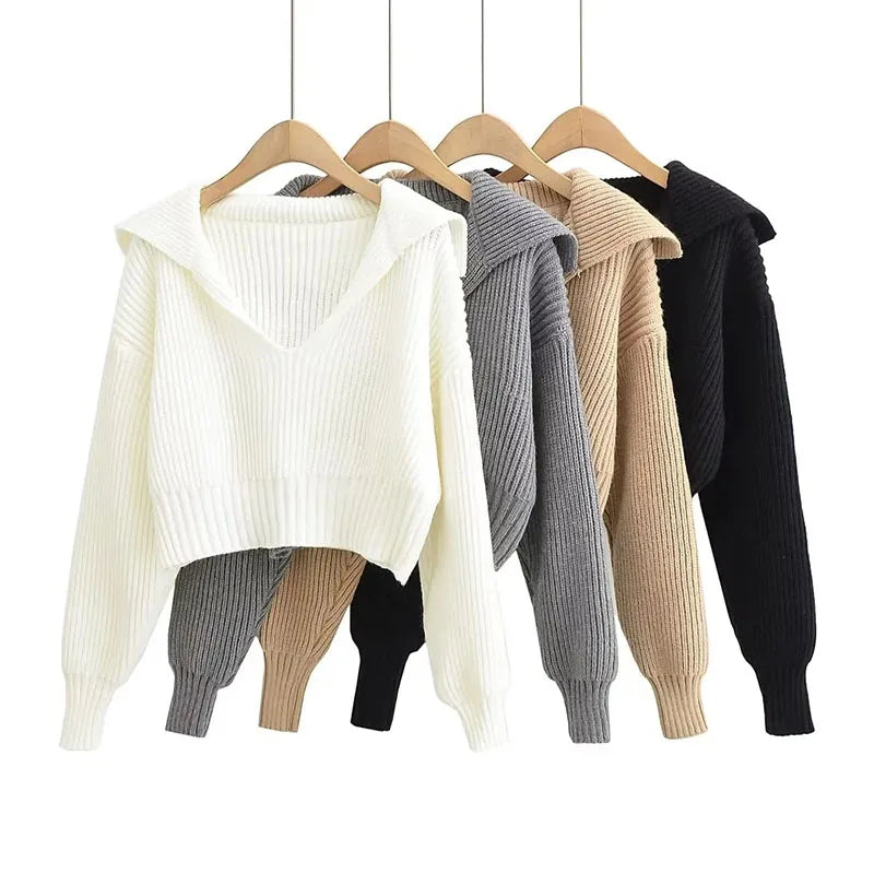 New V Big Lapel Knitted Sweater Women Fashion Loose Cropped Knit Jumper for Woman Korean All-Match Casual Pullover Knitwear