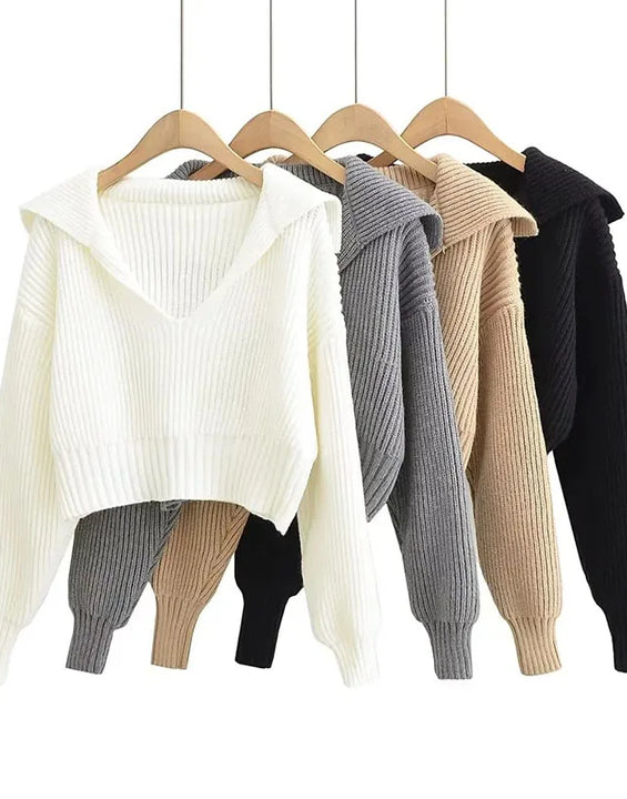 New V Big Lapel Knitted Sweater Women Fashion Loose Cropped Knit Jumper for Woman Korean All-Match Casual Pullover Knitwear