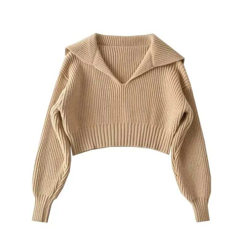 New V Big Lapel Knitted Sweater Women Fashion Loose Cropped Knit Jumper for Woman Korean All-Match Casual Pullover Knitwear