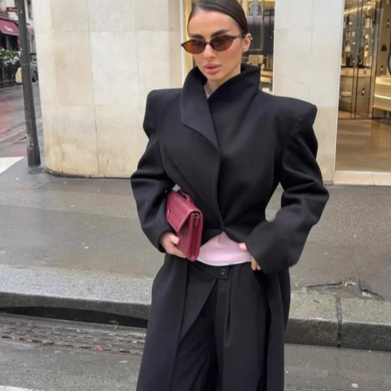 Elegant Women's Woolen Coat Black Single-Button Stand Collar Slim Lady Long Coats 2025 Autumn Winter Chic Female Streetwear New