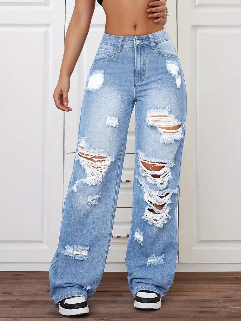Distressed Washed High Waist Straight Leg Versatile Loose Fit Denim Pants for Women