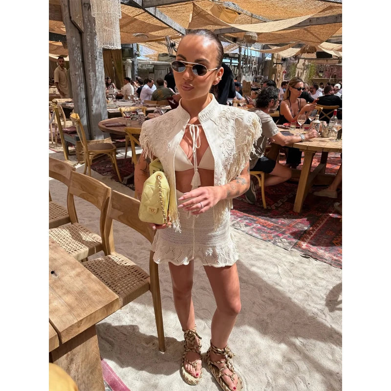 Chic Embroidery Tassel Shawl Women Casual Solid Stand Neck Sleeveless Irregular Short Top 2026 Female Vacation Daily Clothes New