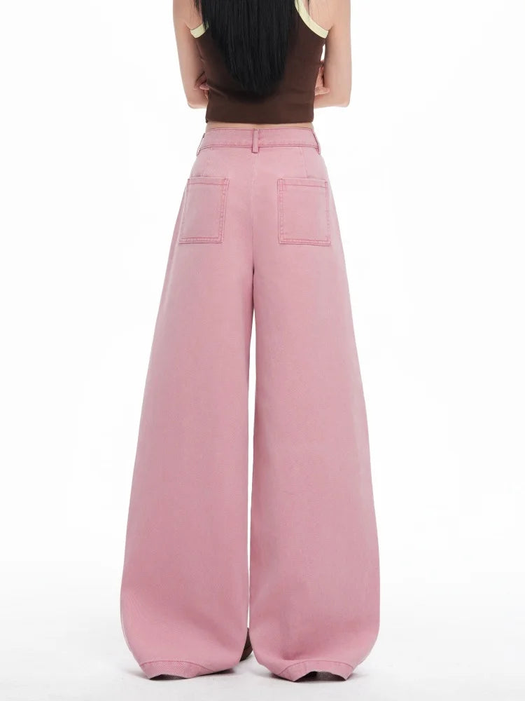 Women's Pink Folds Wide Leg Jeans 2026 Korean Fashion New High Waist Loose Casual Denim Trousers Streetwear Y2k