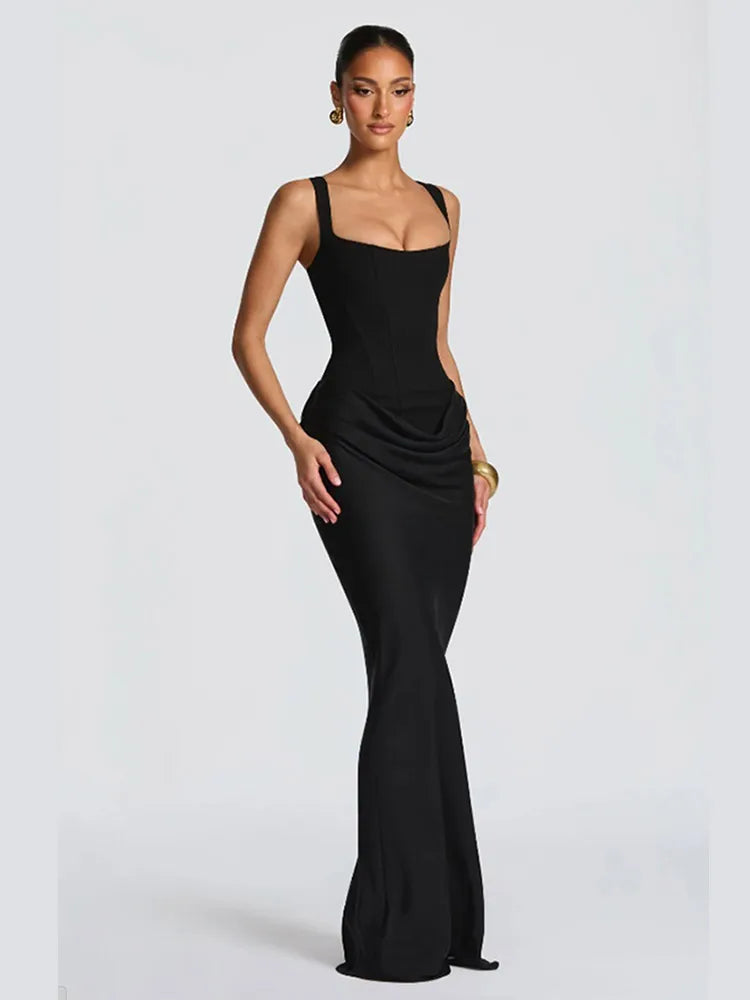 Women Brown Square-neck Pleated Sling Maxi Dress Sexy Sleeveless Off-shoulder Waist Cinching Slim Dresses Evening Party Gown