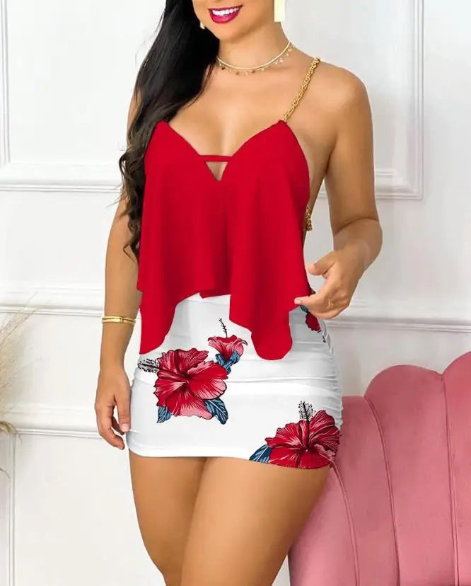 2026 Summer Women's Sexy Party Skirt Set Solid Color V-neck Asymmetric Ruffle Chain Belt Bareback Strap Top Ruffle Mini Hip Wrap